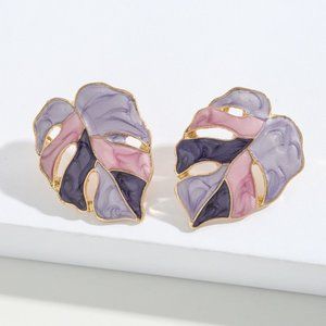 Purple & Gold Bohemian Monstera Leaf Palm Tree Leaf Marble Painted Stud Earrings